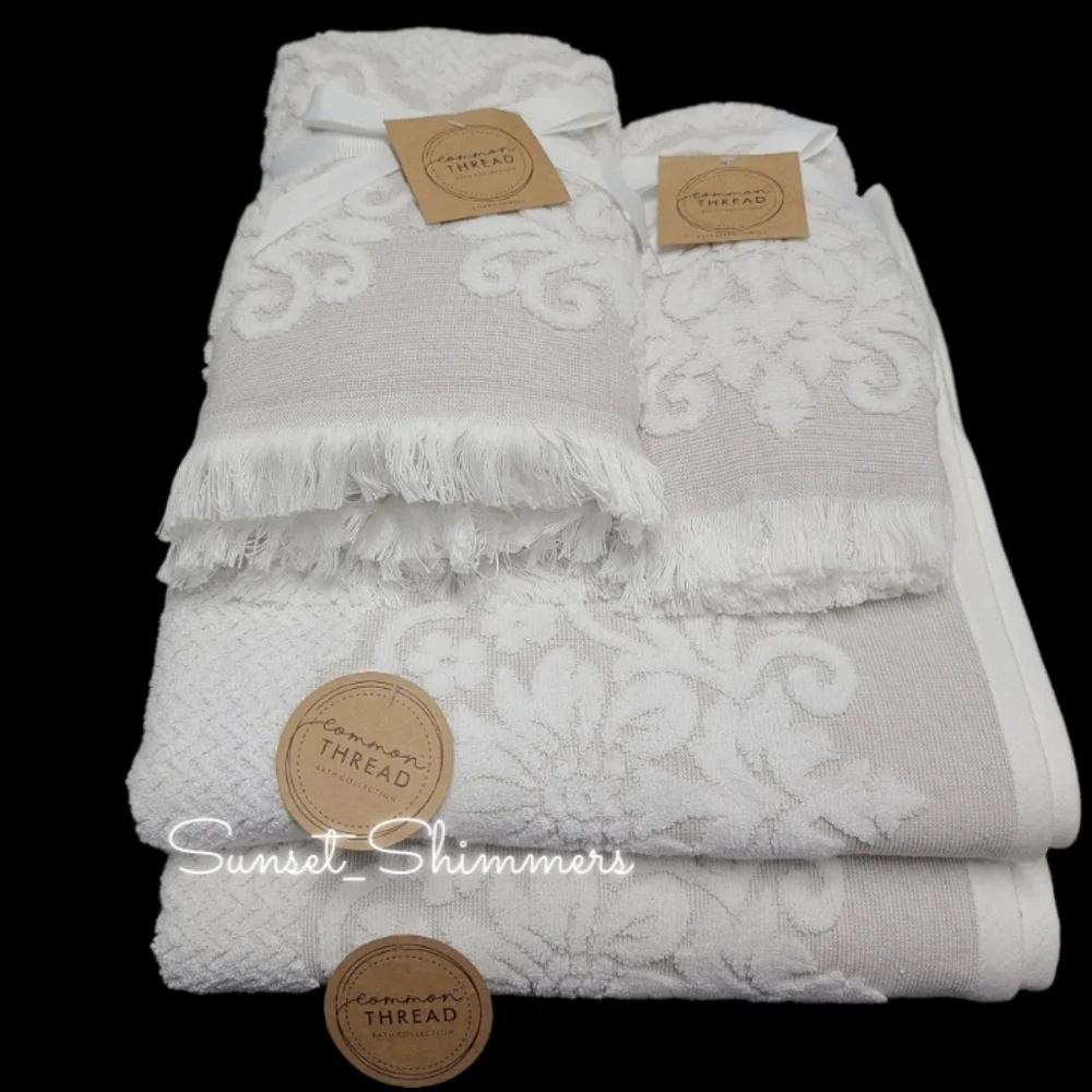 6 Piece COMMON THREAD Bath Hand Tip Towel Set Cream Scroll Jaquered Damask New